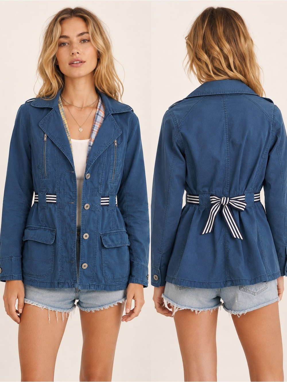 Free People Vintage Y2K Blue Cotton Utility Jacket Plaid Lined Belted Size 6